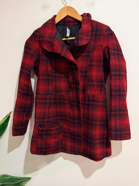 Ishka Red & Black Plaid Wool Blend Coat Size Small (S) U/arm to U/arm 46cm