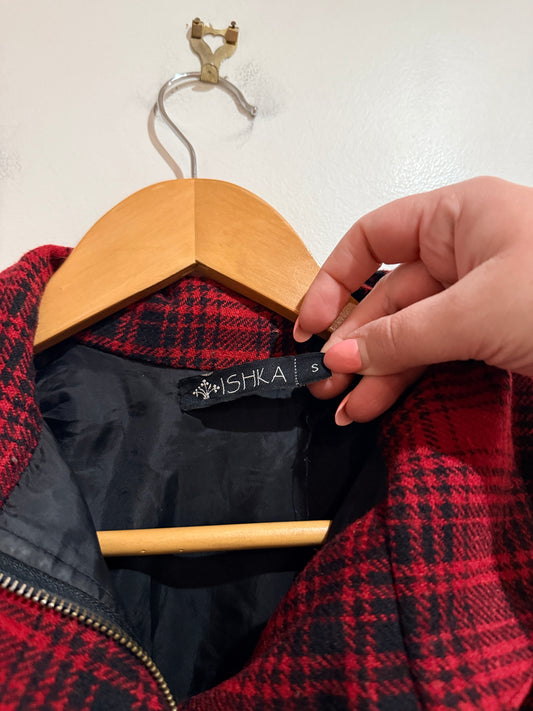 Ishka Red & Black Plaid Wool Blend Coat Size Small (S) U/arm to U/arm 46cm