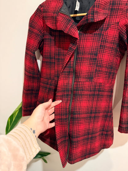 Ishka Red & Black Plaid Wool Blend Coat Size Small (S) U/arm to U/arm 46cm
