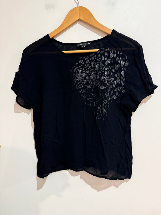 Storm Black Leopard Graphic Silk Blend Top Size 8