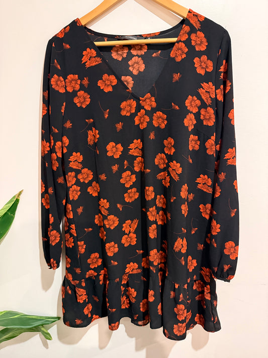 Glassons Floral Mini Dress - Black & Rust Orange Size 12