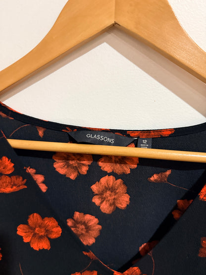 Glassons Floral Mini Dress - Black & Rust Orange Size 12