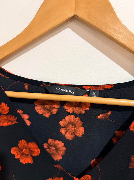 Glassons Floral Mini Dress - Black & Rust Orange Size 12