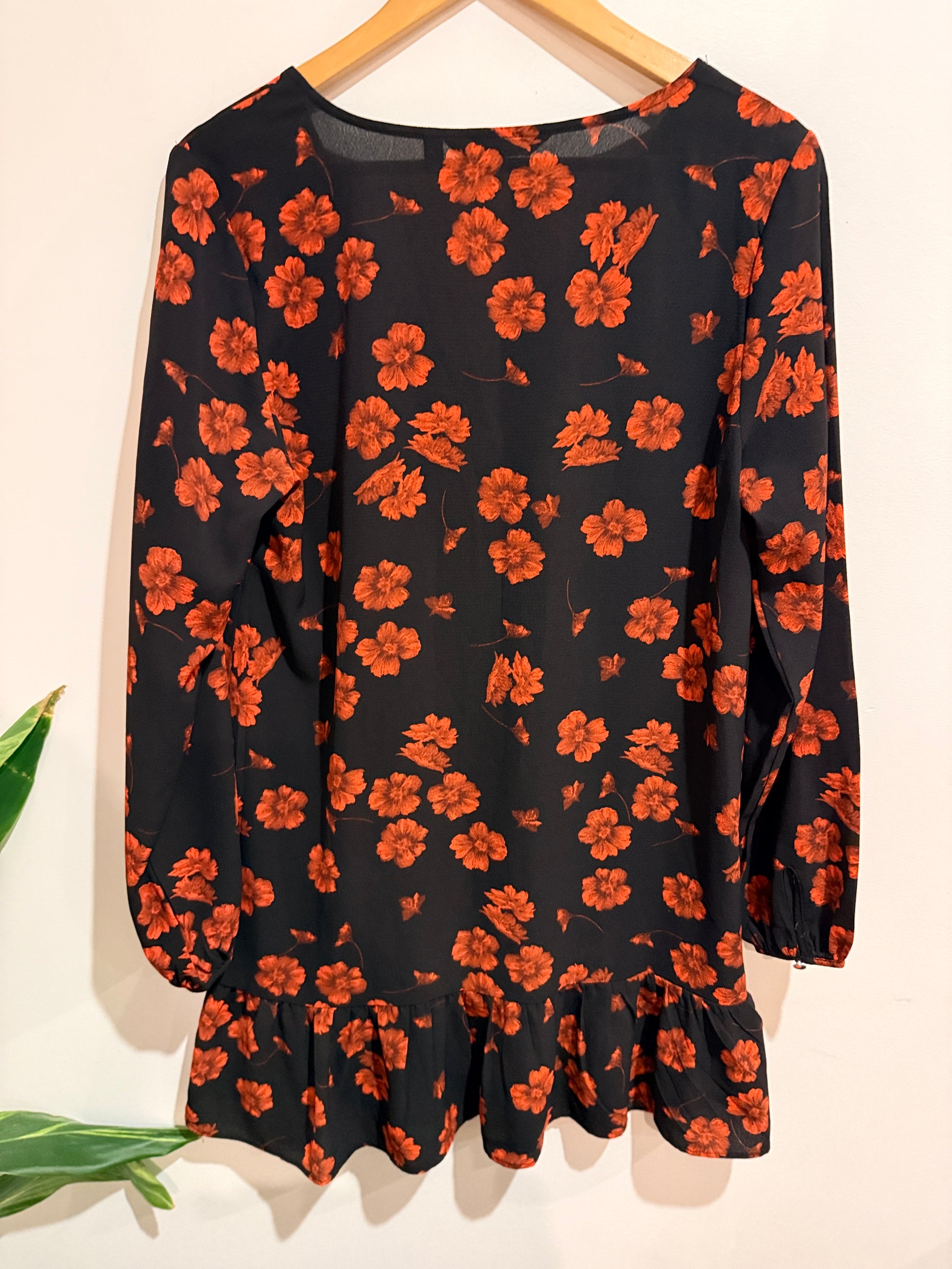 Glassons Floral Mini Dress - Black & Rust Orange Size 12