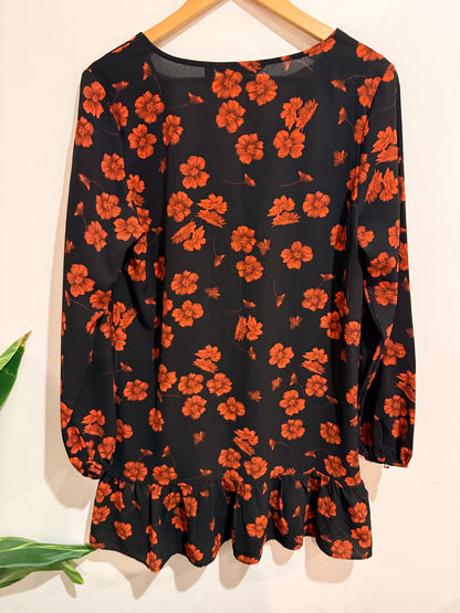 Glassons Floral Mini Dress - Black & Rust Orange Size 12