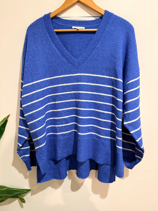 Zest Striped V-neck Knit Sweater - Blue & White Size XL