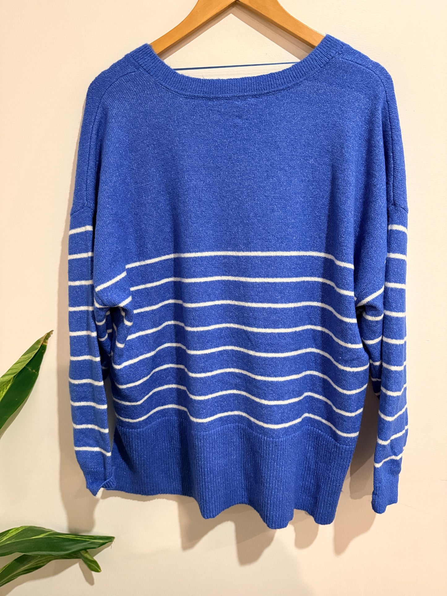 Zest Striped V-neck Knit Sweater - Blue & White Size XL