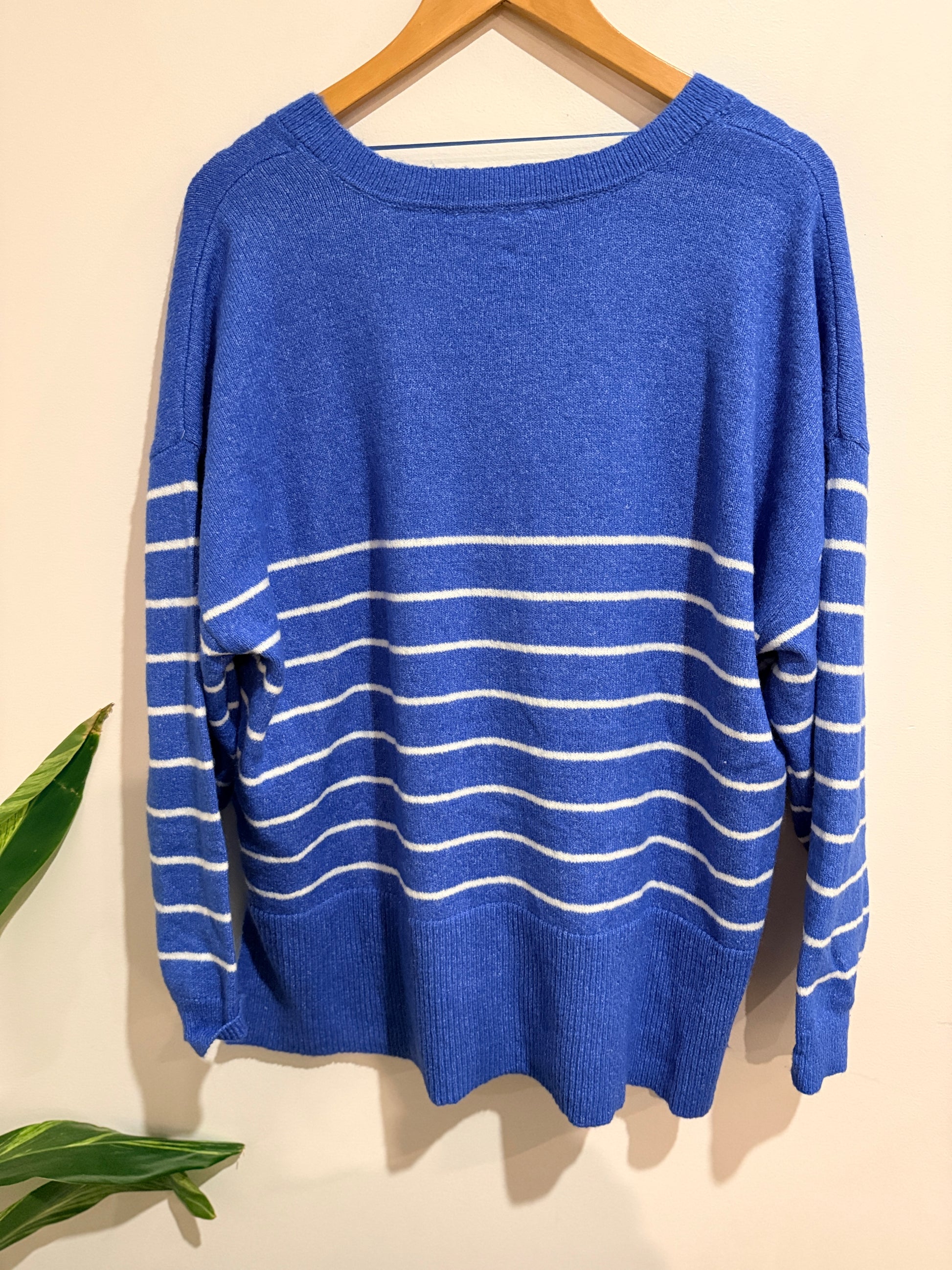 Zest Striped V-neck Knit Sweater - Blue & White Size XL