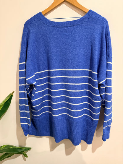 Zest Striped V-neck Knit Sweater - Blue & White Size XL