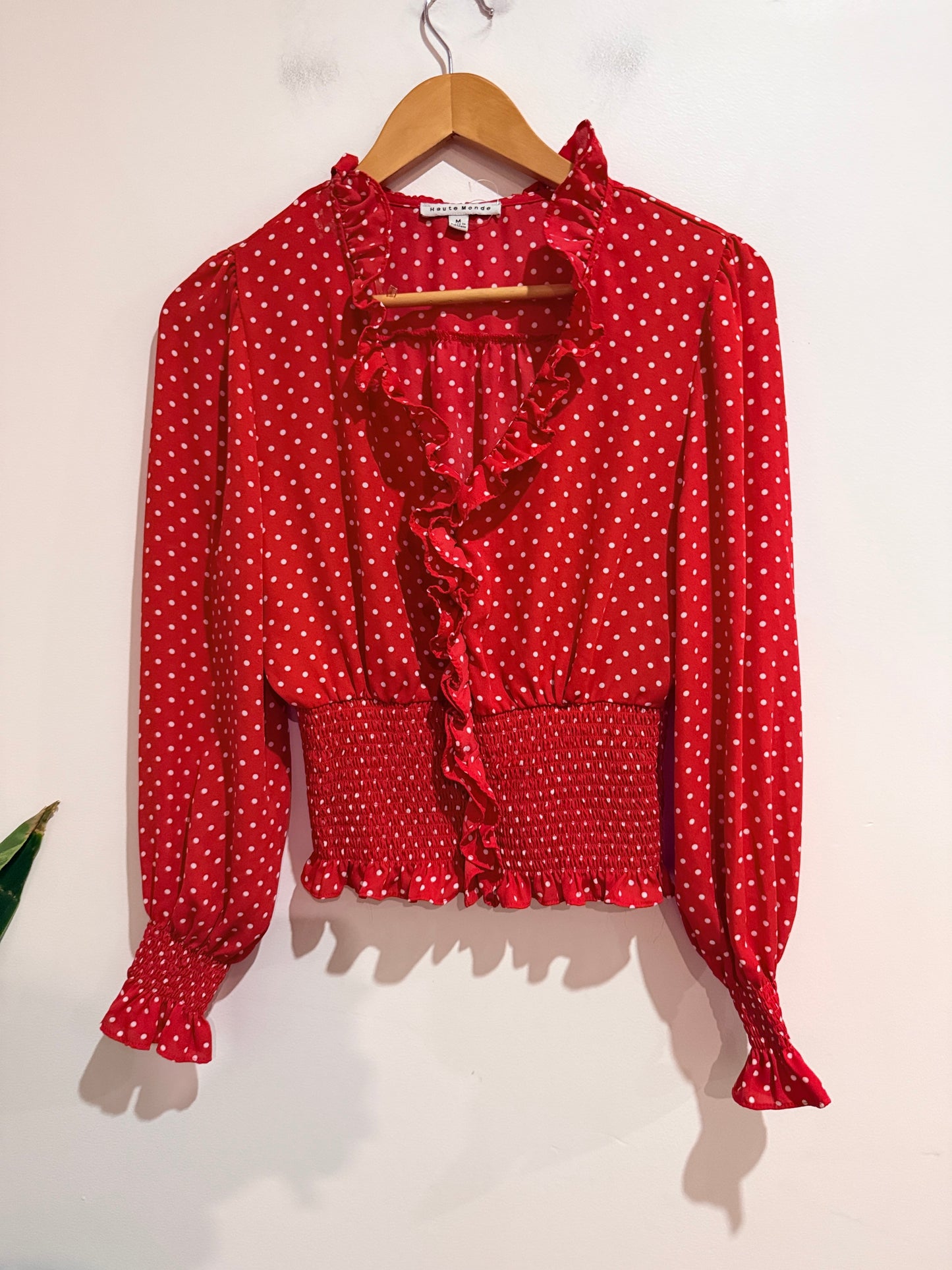 Haute Monde Ruffle Polka Dot Blouse - Red Size M