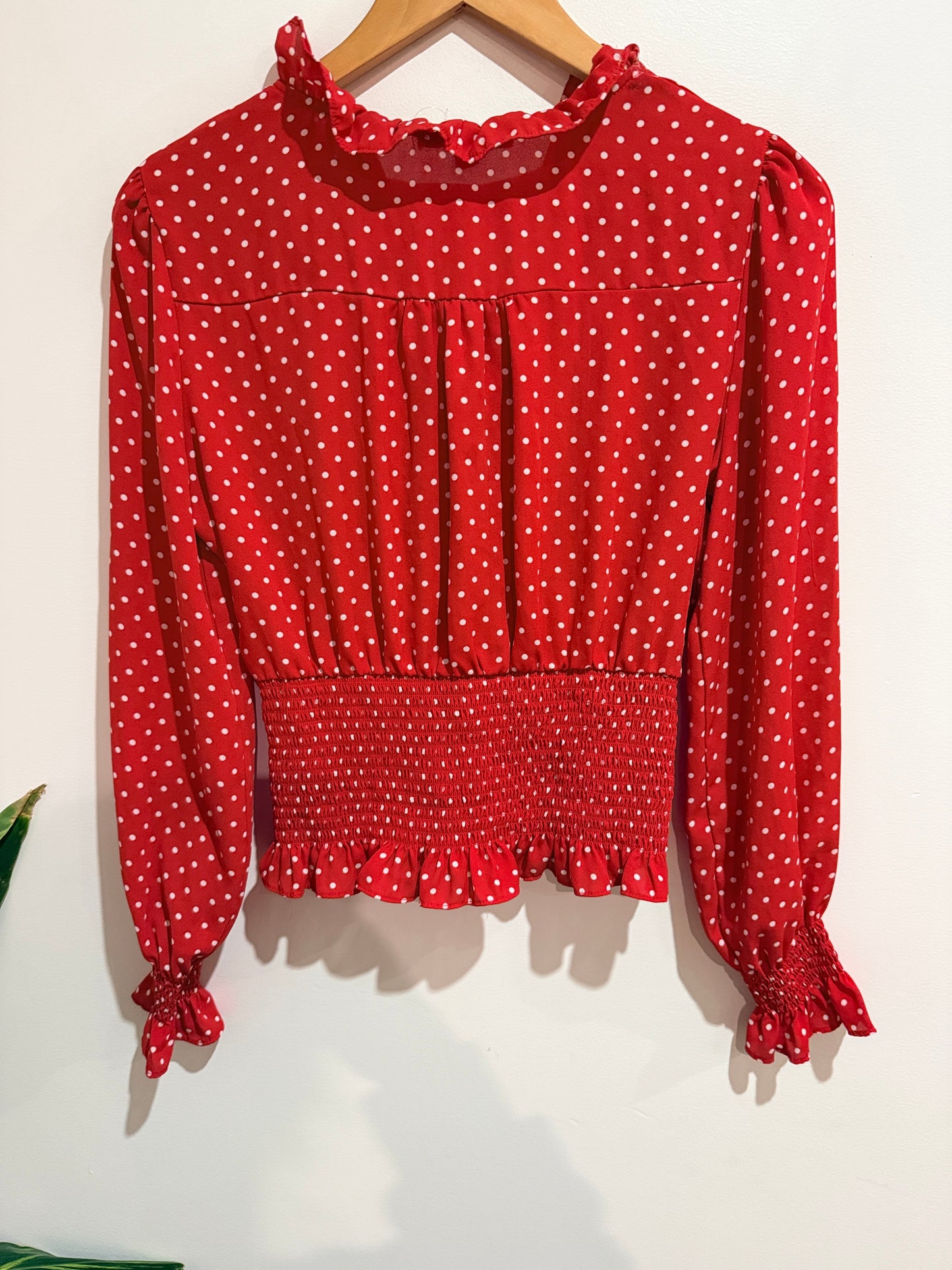 Haute Monde Ruffle Polka Dot Blouse - Red Size M