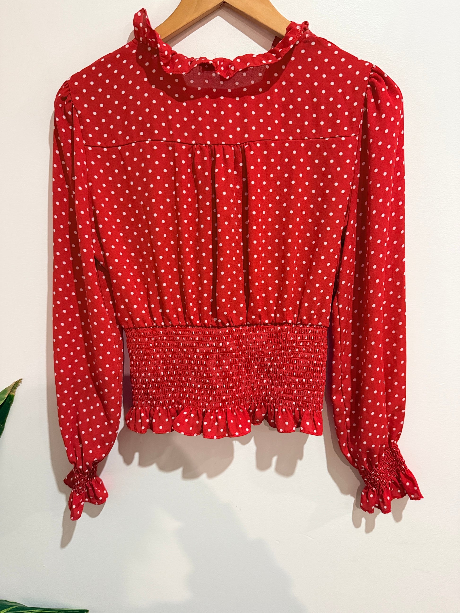 Haute Monde Ruffle Polka Dot Blouse - Red Size M