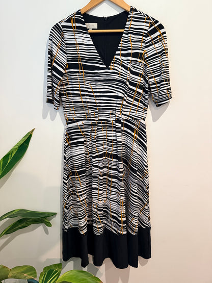 Hobbs London Wave Stripe Print Fit & Flare Dress - Black/White/Tan Size UK 12