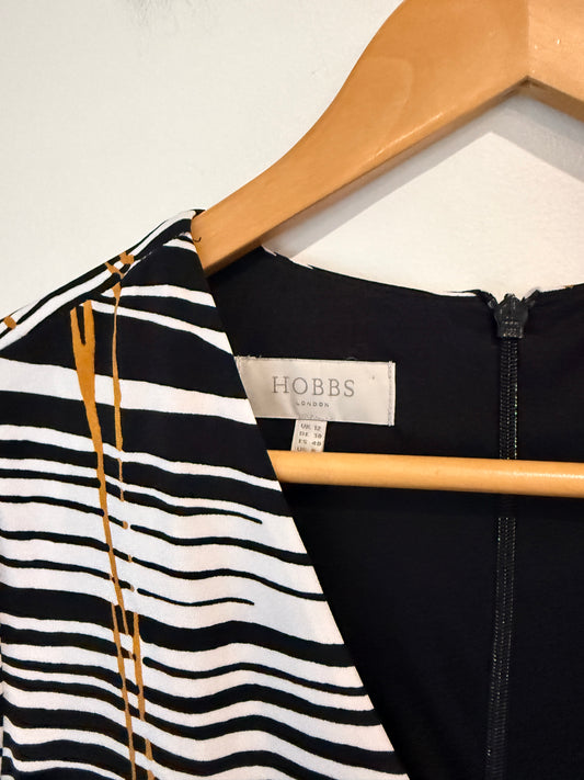 Hobbs London Wave Stripe Print Fit & Flare Dress - Black/White/Tan Size UK 12