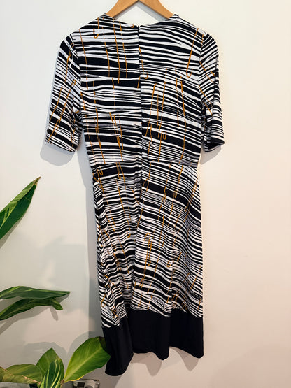 Hobbs London Wave Stripe Print Fit & Flare Dress - Black/White/Tan Size UK 12