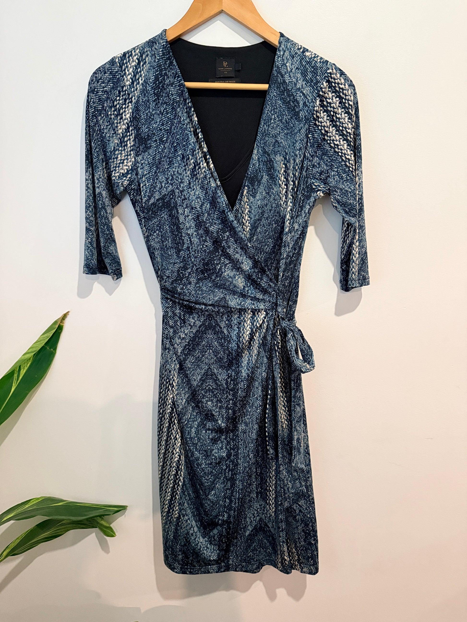 David Lawrence Denim Print Wrap Dress - Blue/Black Size XS