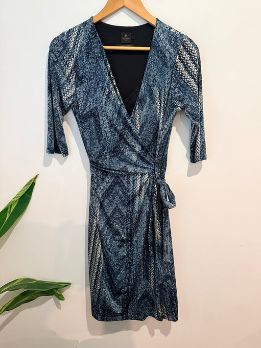 David Lawrence Denim Print Wrap Dress - Blue/Black Size XS