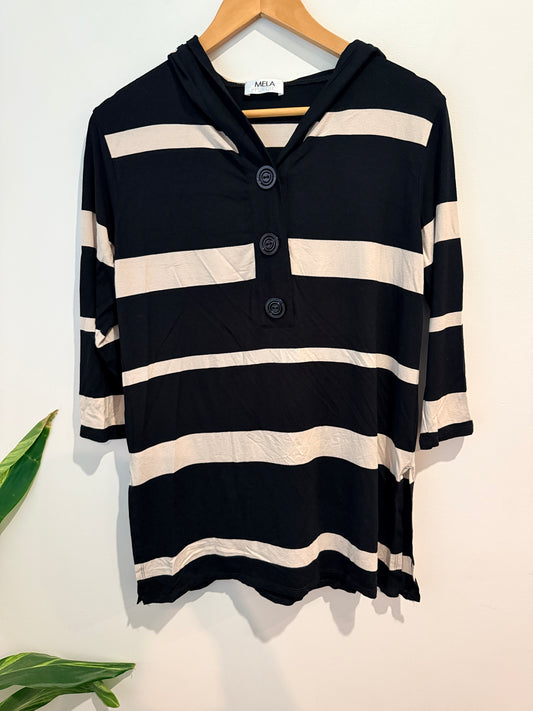 Mela Purdie Purdie Striped Hooded Button Top - Black/Oatmeal Size AUS 12