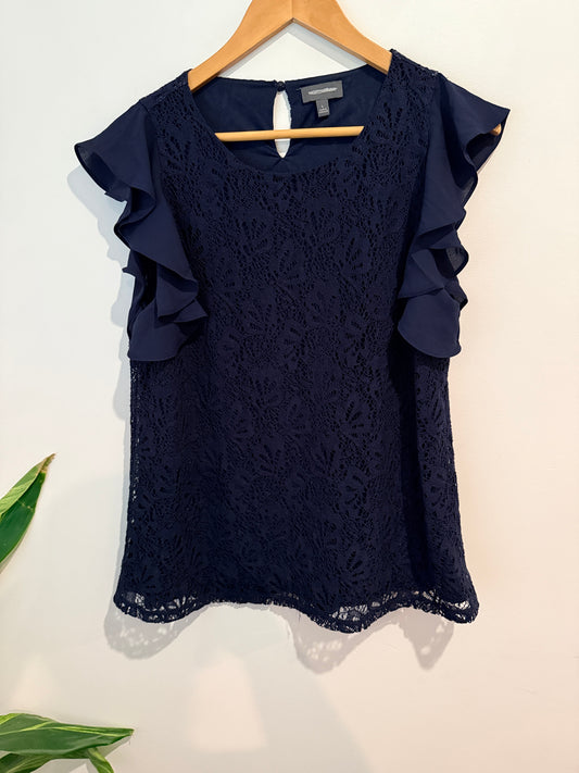 The Limited Lace Ruffle Sleeve Top - Navy Size L