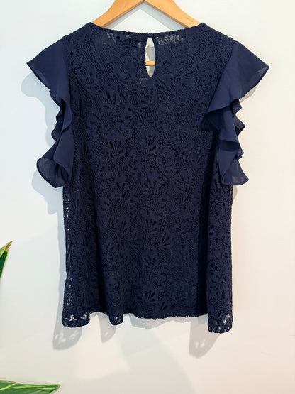 The Limited Lace Ruffle Sleeve Top - Navy Size L