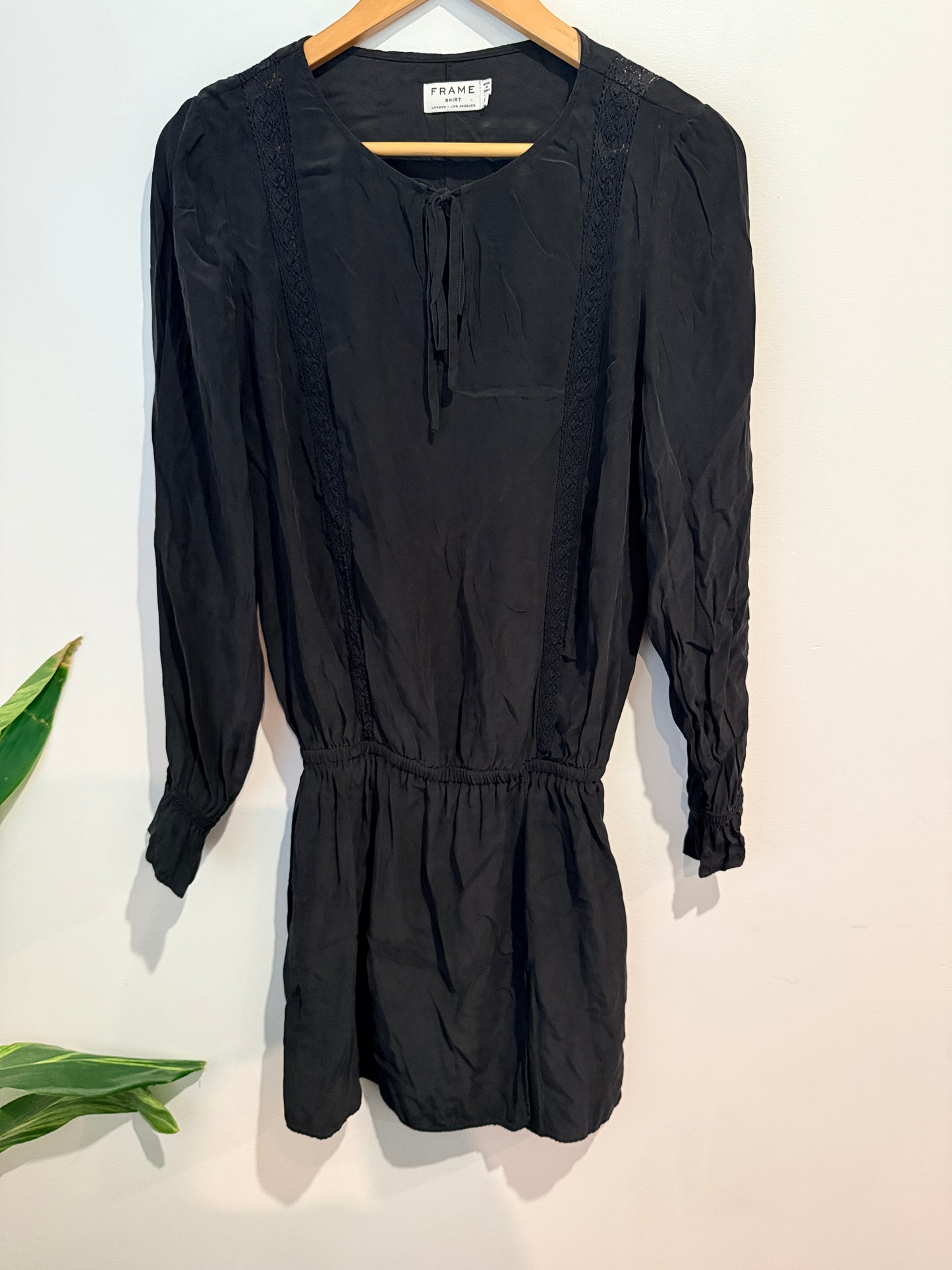 FRAME Silk Charmeuse Peasant Shirt Dress - Noir Black Size S
