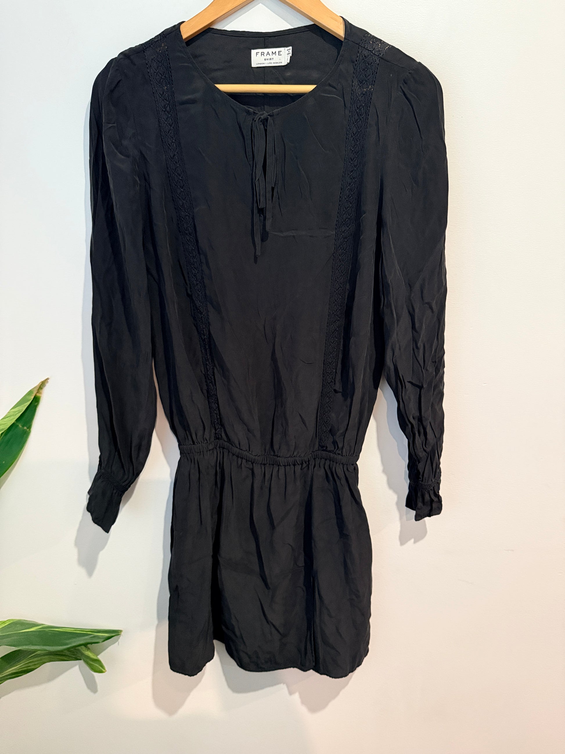 FRAME Silk Charmeuse Peasant Shirt Dress - Noir Black Size S