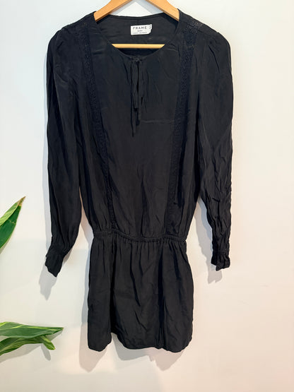 FRAME Silk Charmeuse Peasant Shirt Dress - Noir Black Size S