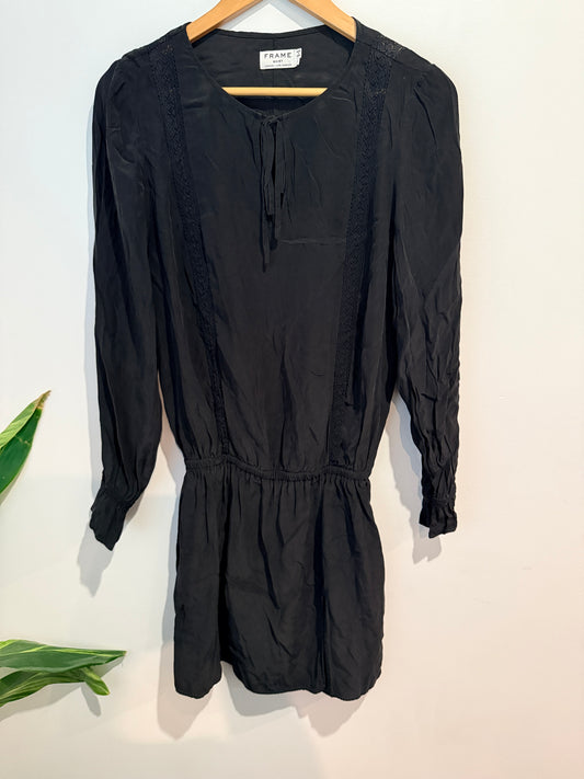 FRAME Silk Charmeuse Peasant Shirt Dress - Noir Black Size S