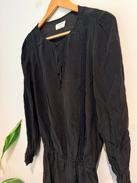 FRAME Silk Charmeuse Peasant Shirt Dress - Noir Black Size S