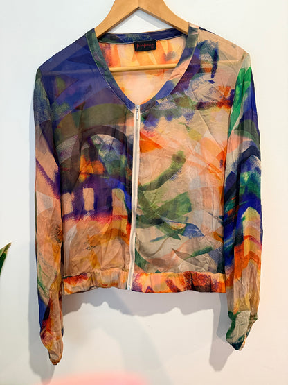 Jean Jones Sheer Abstract Print Zip Jacket Size M