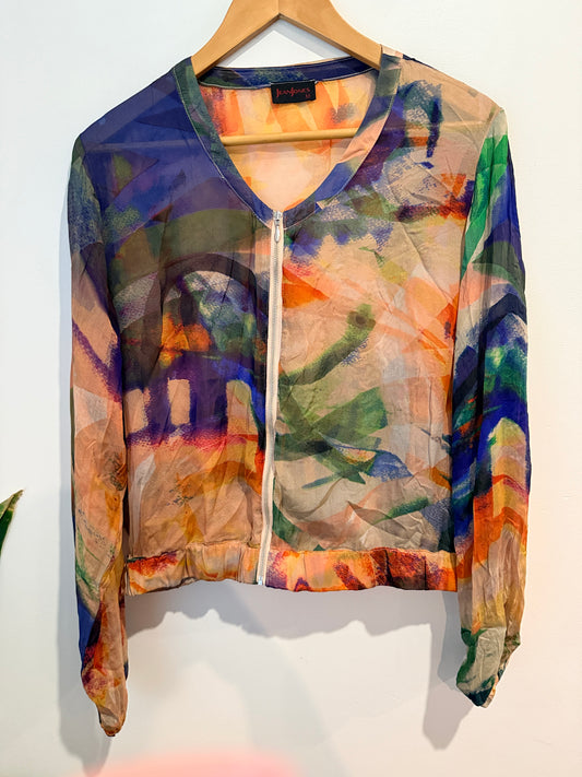 Jean Jones Sheer Abstract Print Zip Jacket Size M
