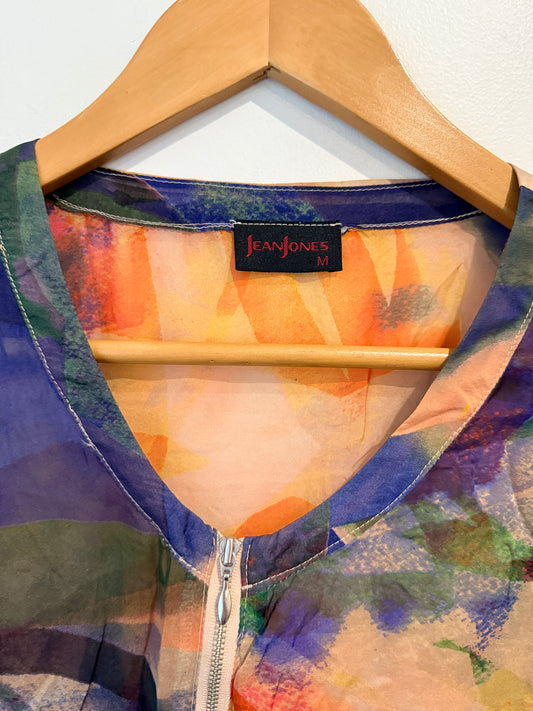 Jean Jones Sheer Abstract Print Zip Jacket Size M