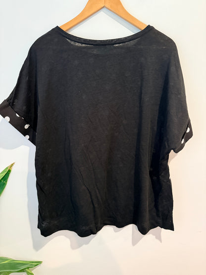 Blue Illusion Polka Dot Linen Top - Black/White Size XL U/arm to U/arm: Approx. 63cm