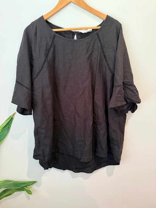 Studio Linen Blend Ladder Trim Blouse - Black Size U/arm to U/arm: 64cm