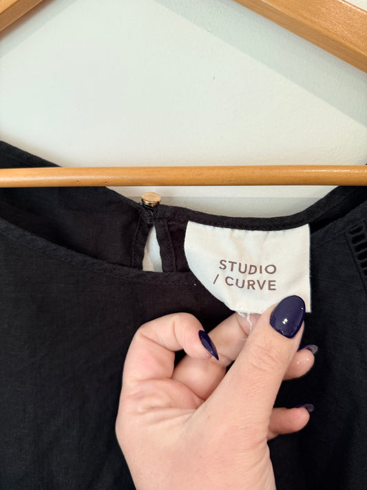 Studio Linen Blend Ladder Trim Blouse - Black Size U/arm to U/arm: 64cm