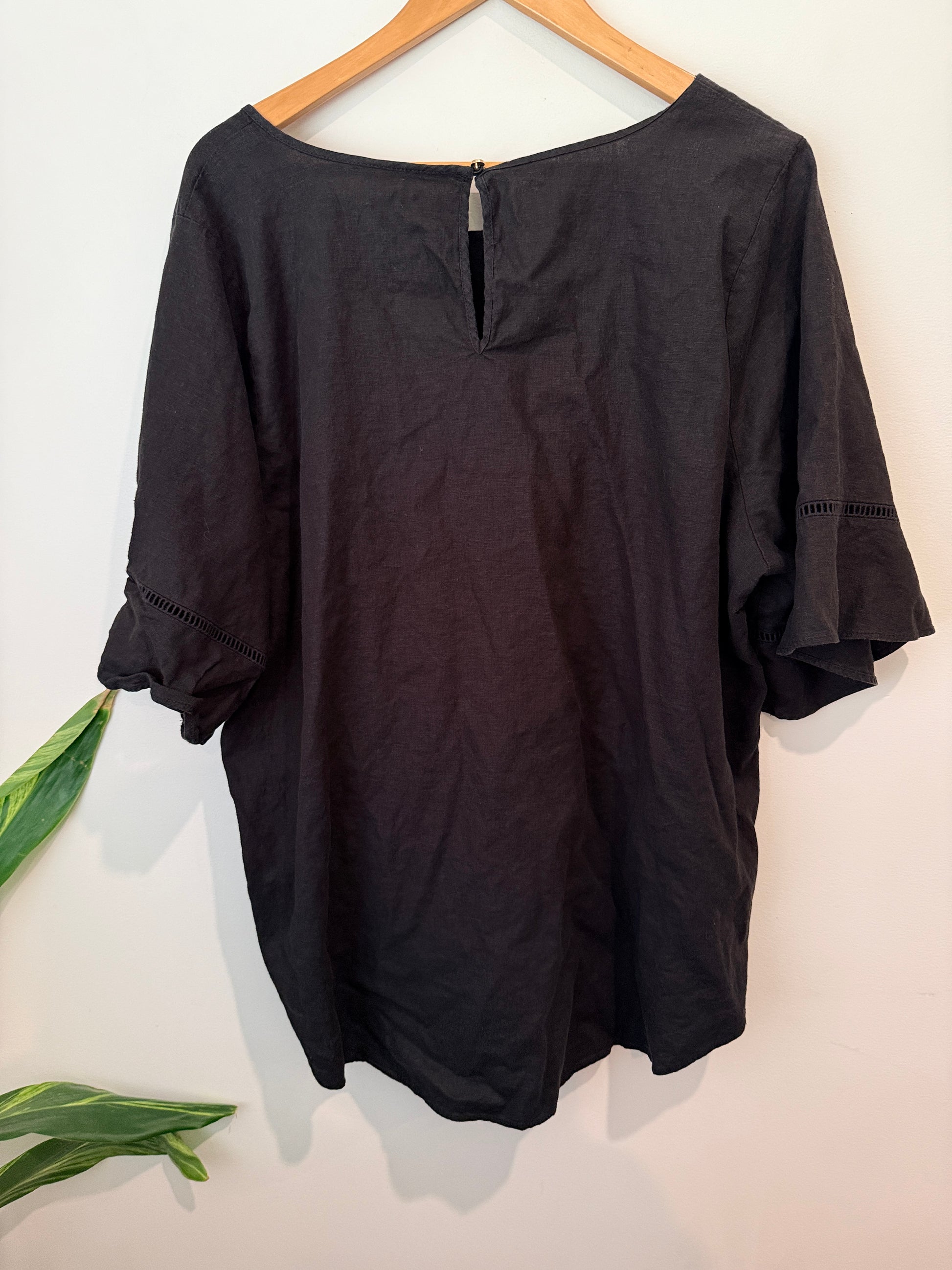 Studio Linen Blend Ladder Trim Blouse - Black Size U/arm to U/arm: 64cm