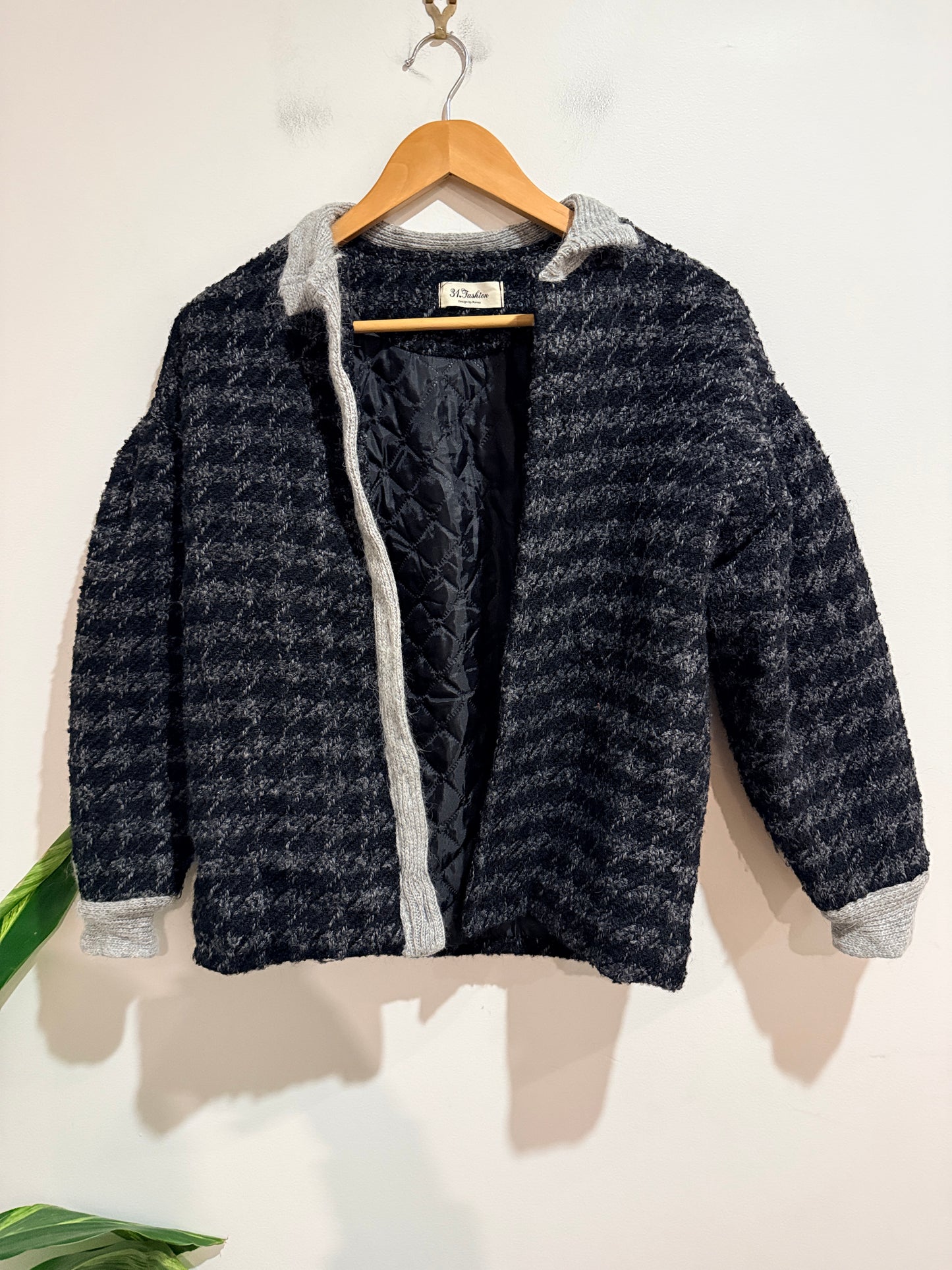31.Fashion Houndstooth Bouclé Cardigan Size U/Arm To U/Arm 53cm