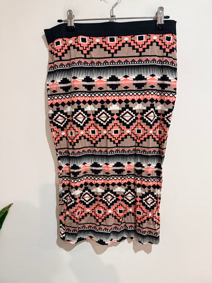 Select Bodycon Skirt In Coral & Black Aztec Print Size 12