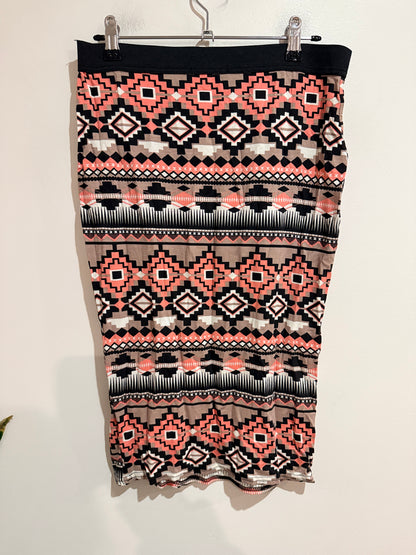 Select Bodycon Skirt In Coral & Black Aztec Print Size 12
