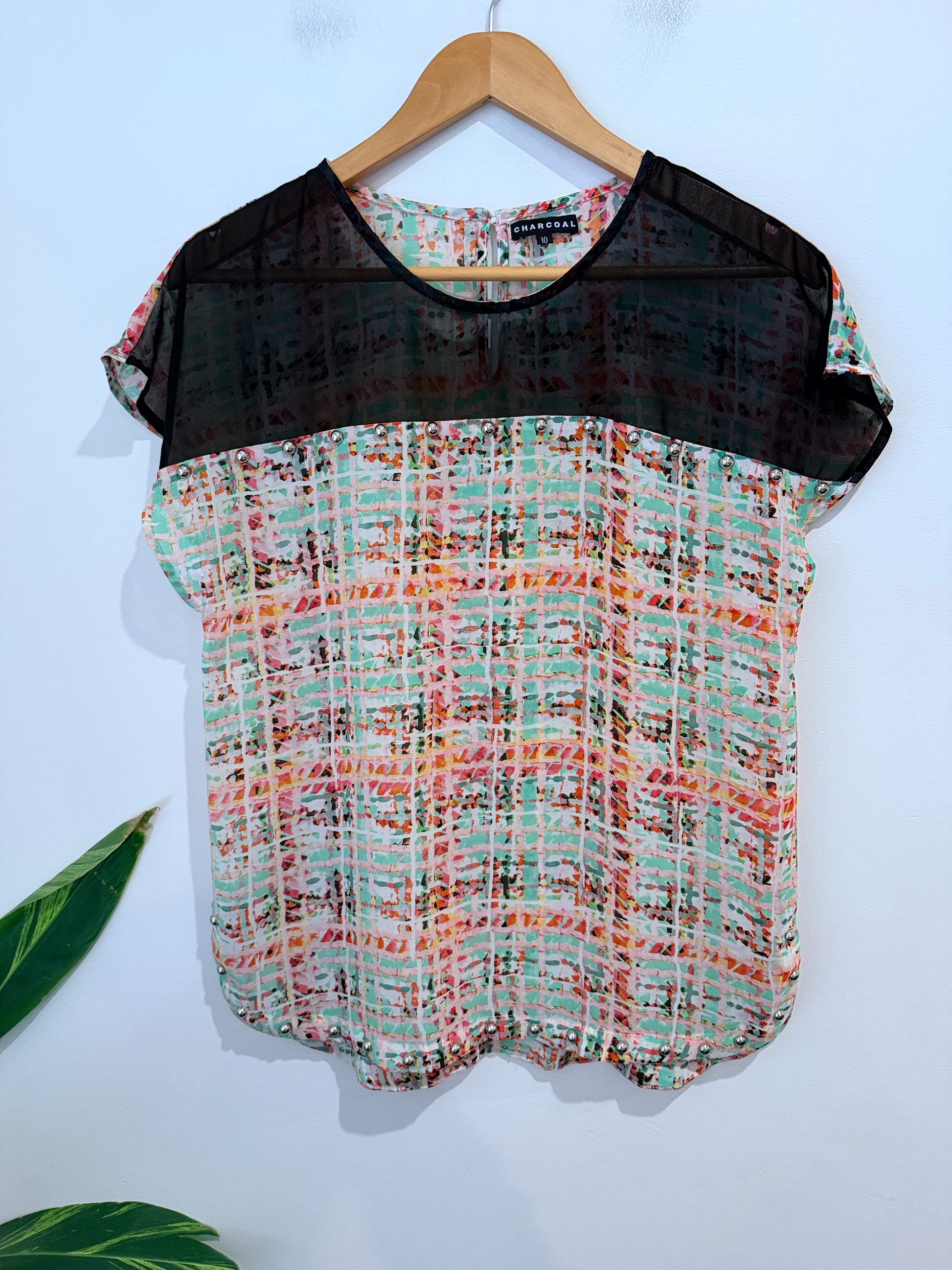 Charcoal Multi-color Plaid Top Size 10