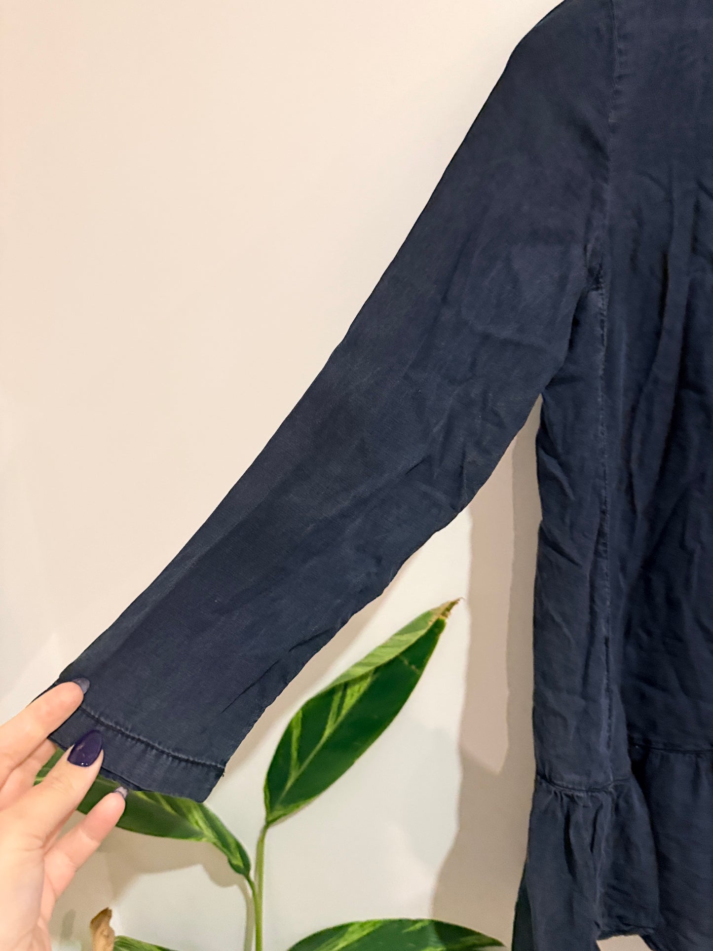 MNG (Mango) Denim Peplum Hem Long Sleeve Top Size S
