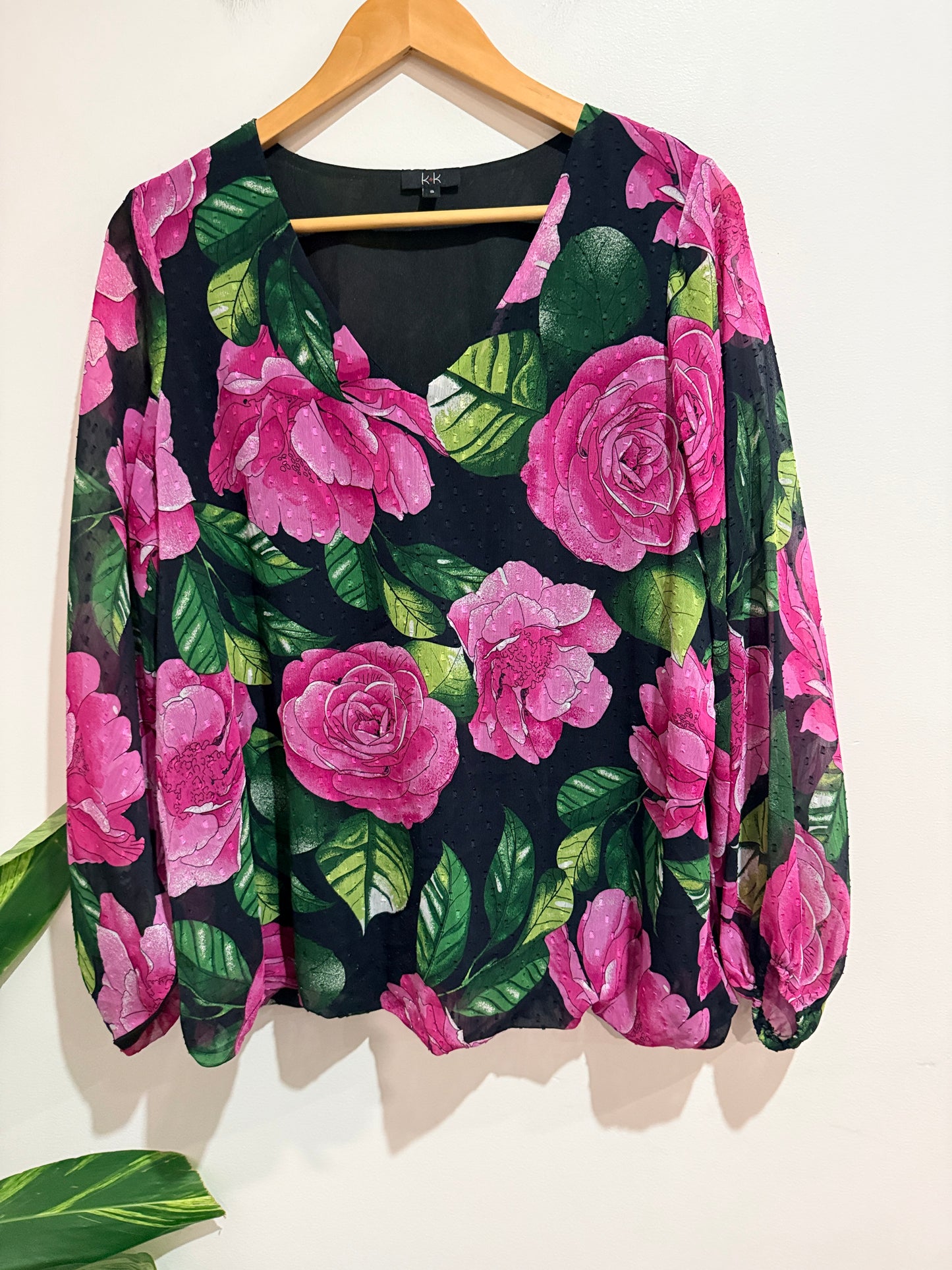 K+K Black Rose Print Sheer V-neck Blouse Size S (U/arm to U/arm 55cm)