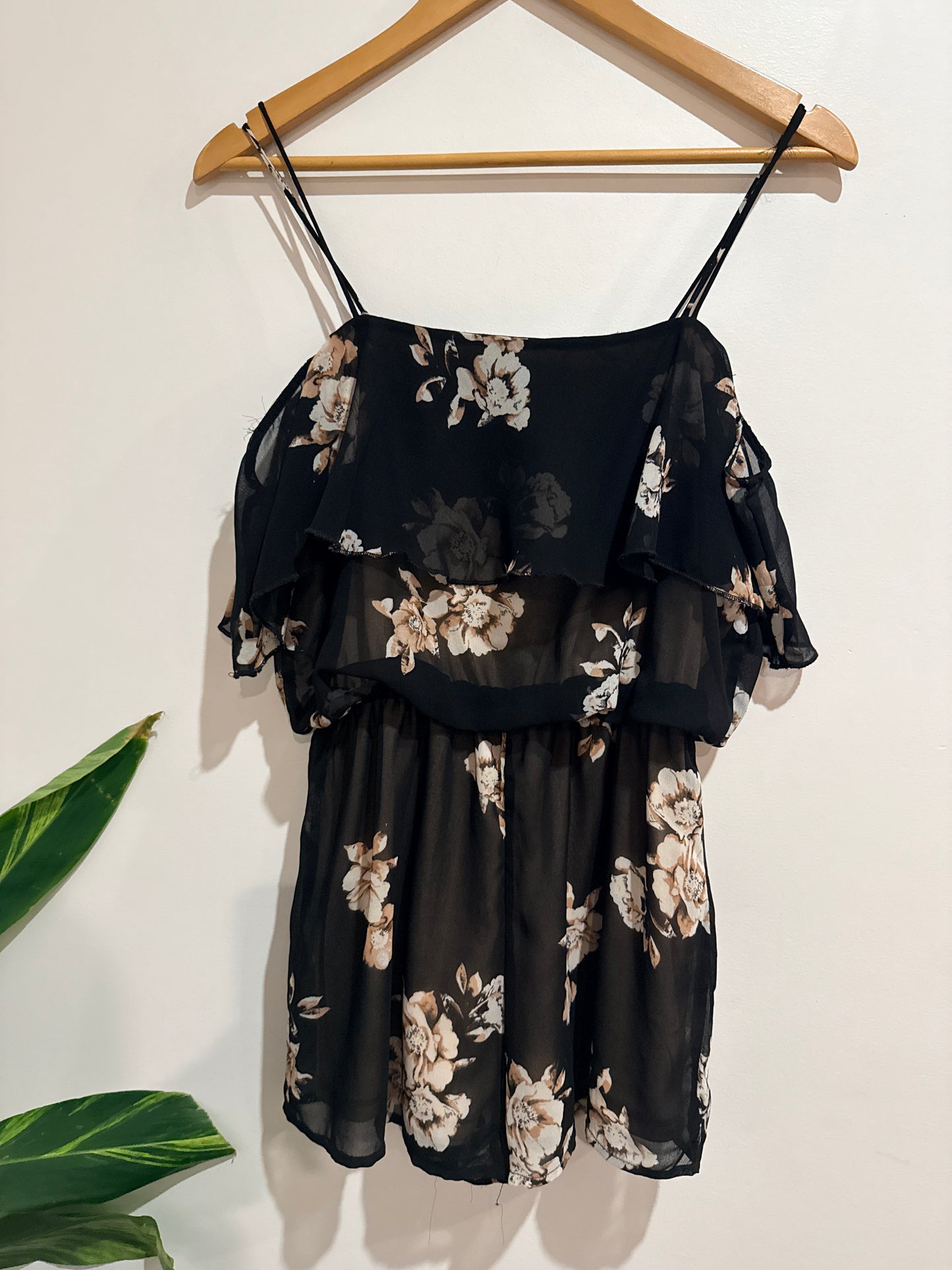 Supré Black Floral Sheer Frill Playsuit Size 8