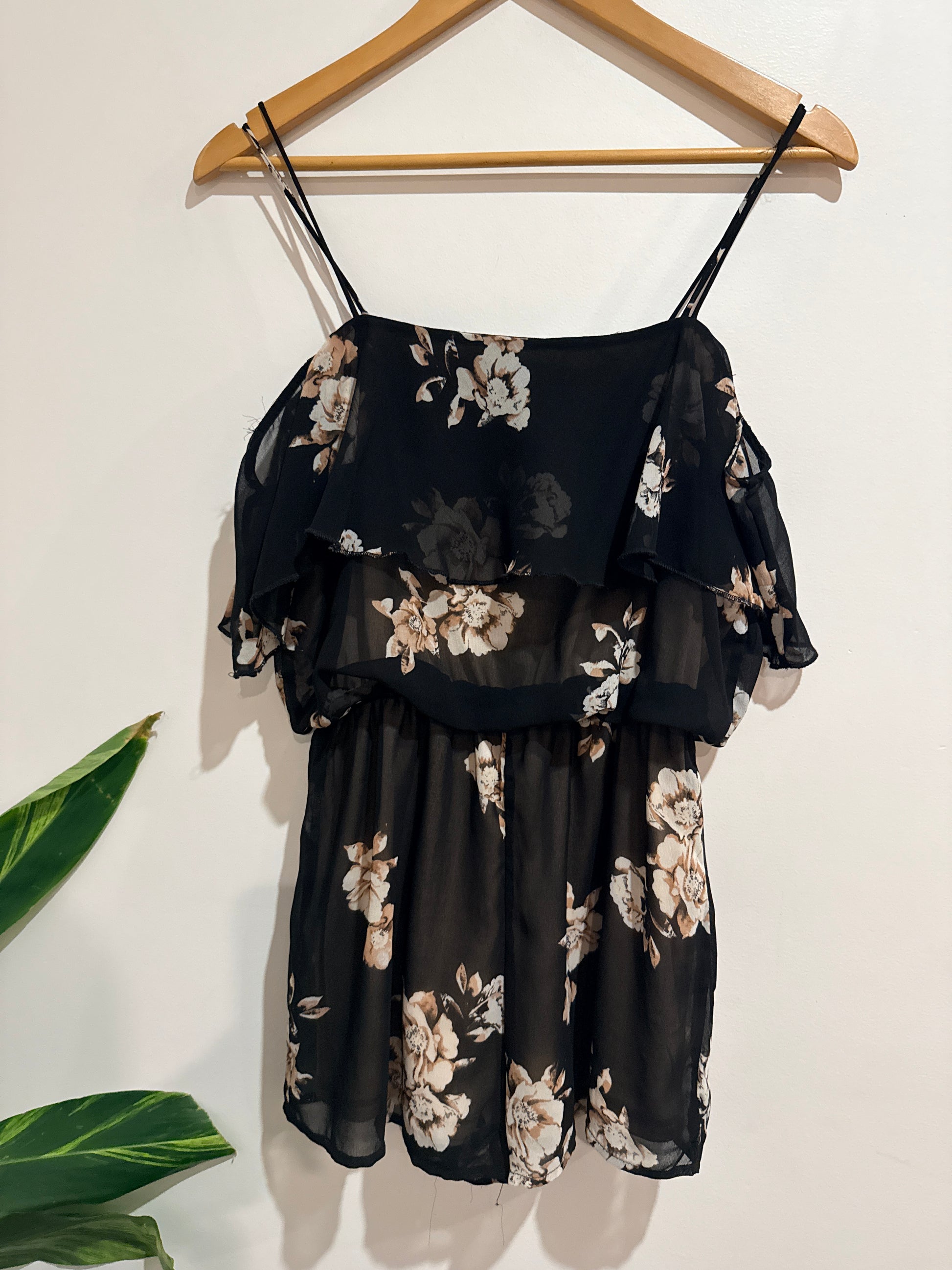 Supré Black Floral Sheer Frill Playsuit Size 8