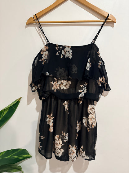 Supré Black Floral Sheer Frill Playsuit Size 8