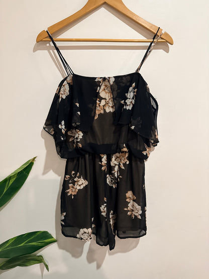 Supré Black Floral Sheer Frill Playsuit Size 8