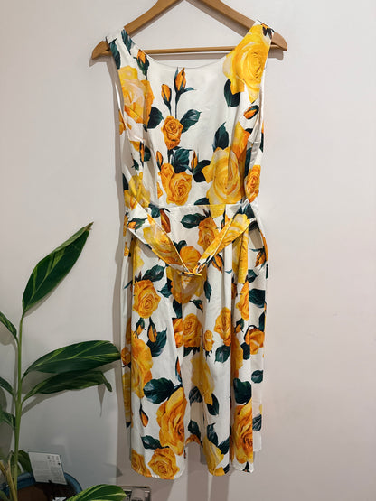 Pagani Yellow Rose Print Belted Midi Dress Size 16