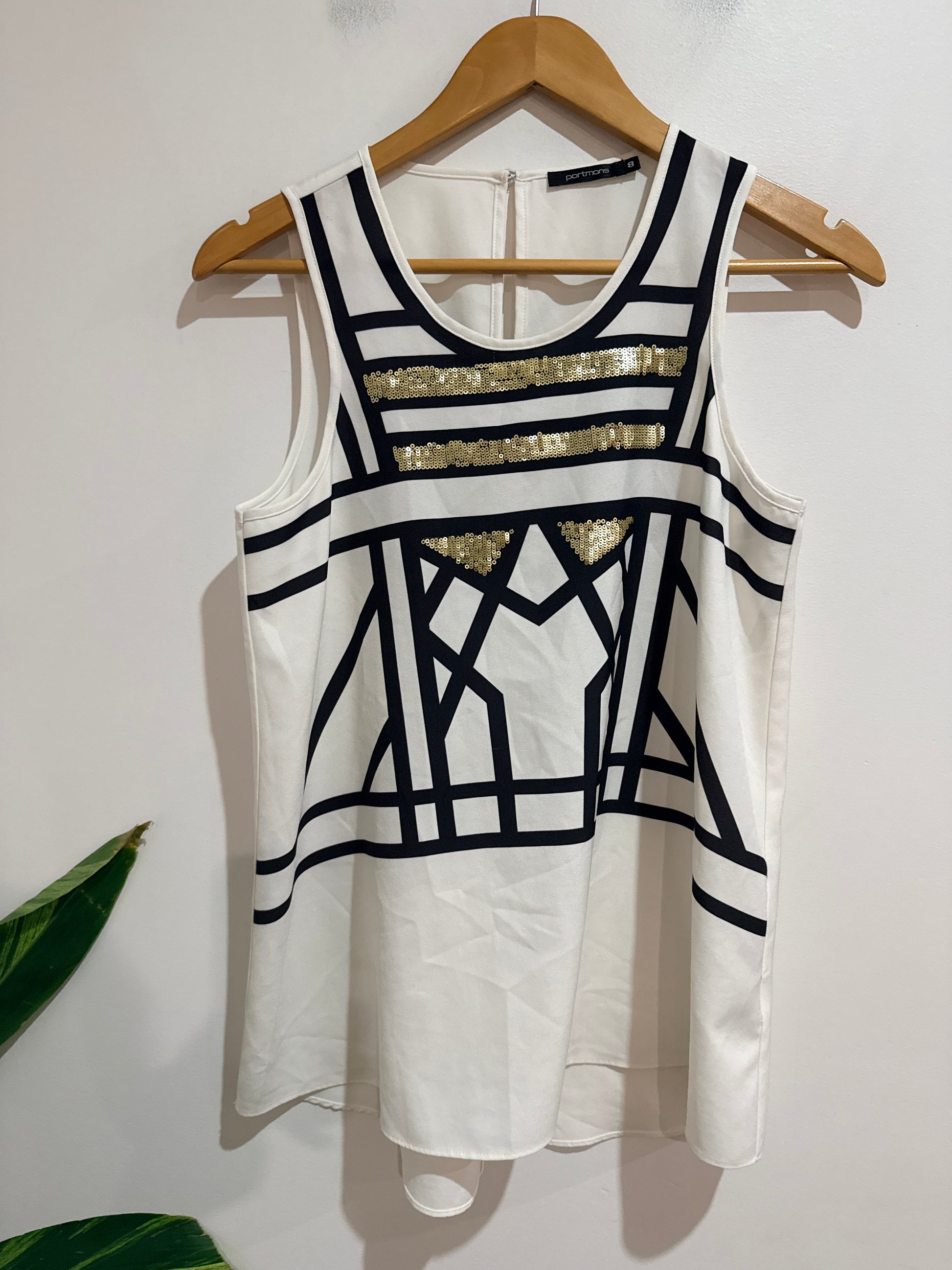 Portmans Geometric Print Sequin Tank Top Size 8