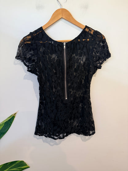 Glassons Sheer Lace Zip-back Top Black Size 8