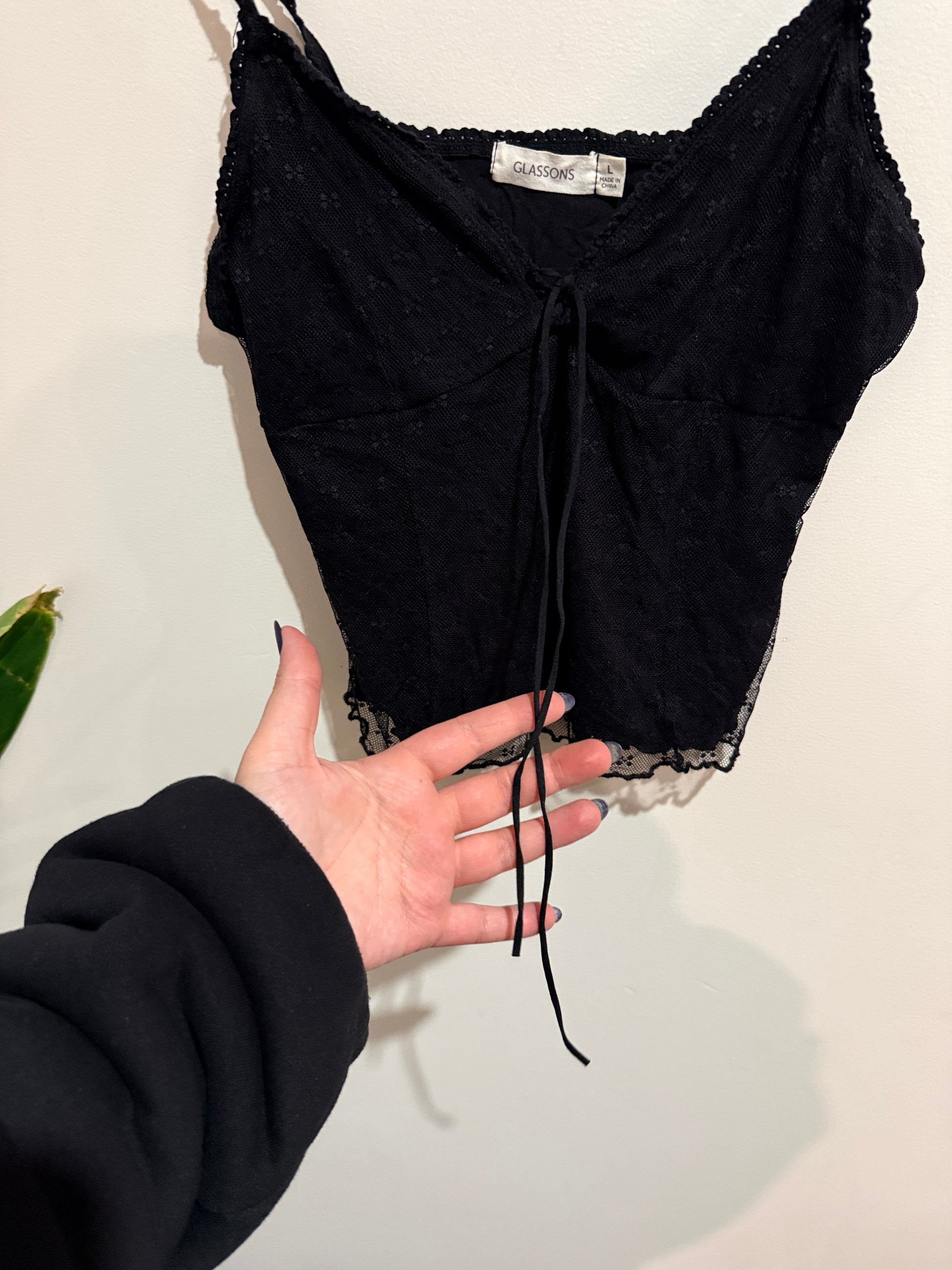 Glassons Black Lace Tie-Front Cami Top Size L